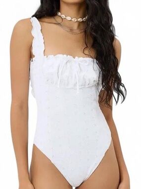 Frankies Bikinis x Gigi Hadid Fawn white eyelet one piece bathing suit